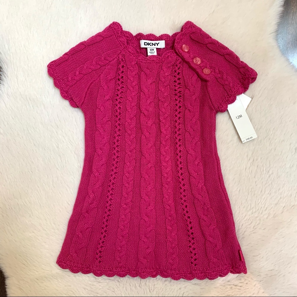 DKNY Fuchsia Cable Knit 12M Baby Dress NWT